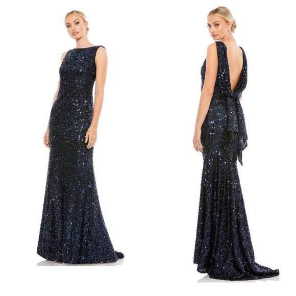 Mac Duggal Midnight Blue Black Sequin Drape Back Trumpet Gown